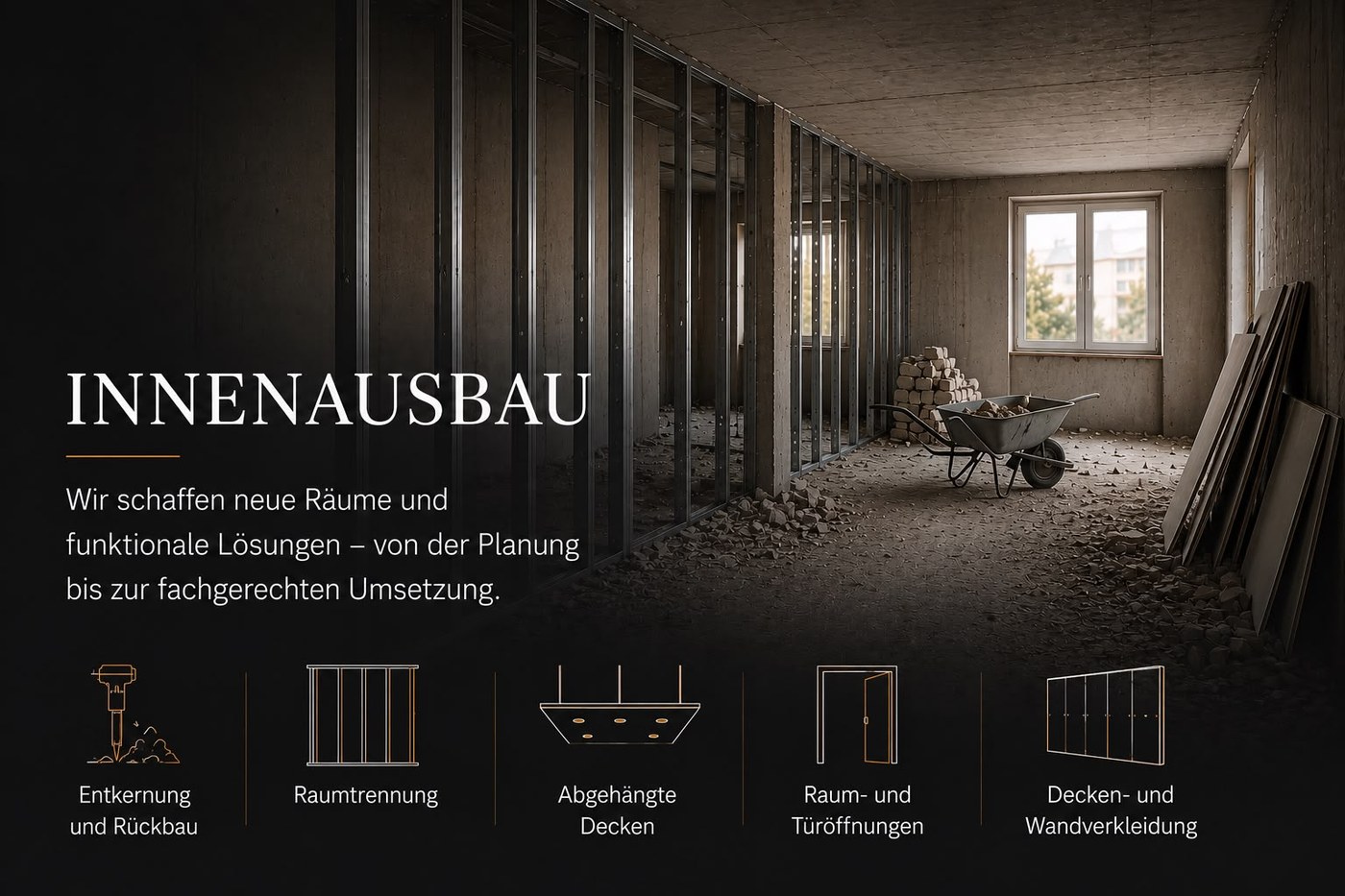 Innenausbau — Entkernung, Raumtrennung, abgehängte Decken, Raum- und Türöffnungen, Decken- und Wandverkleidung