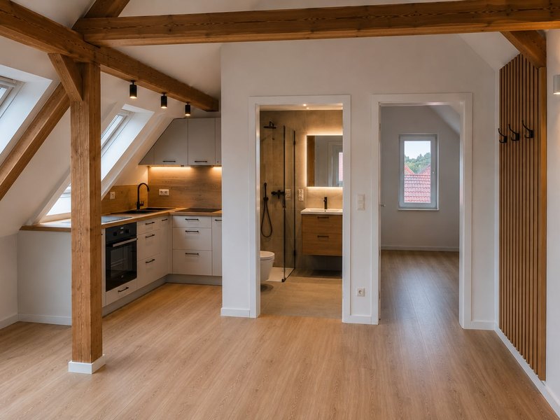 Ausgebaute Dachwohnung mit Holzbalken